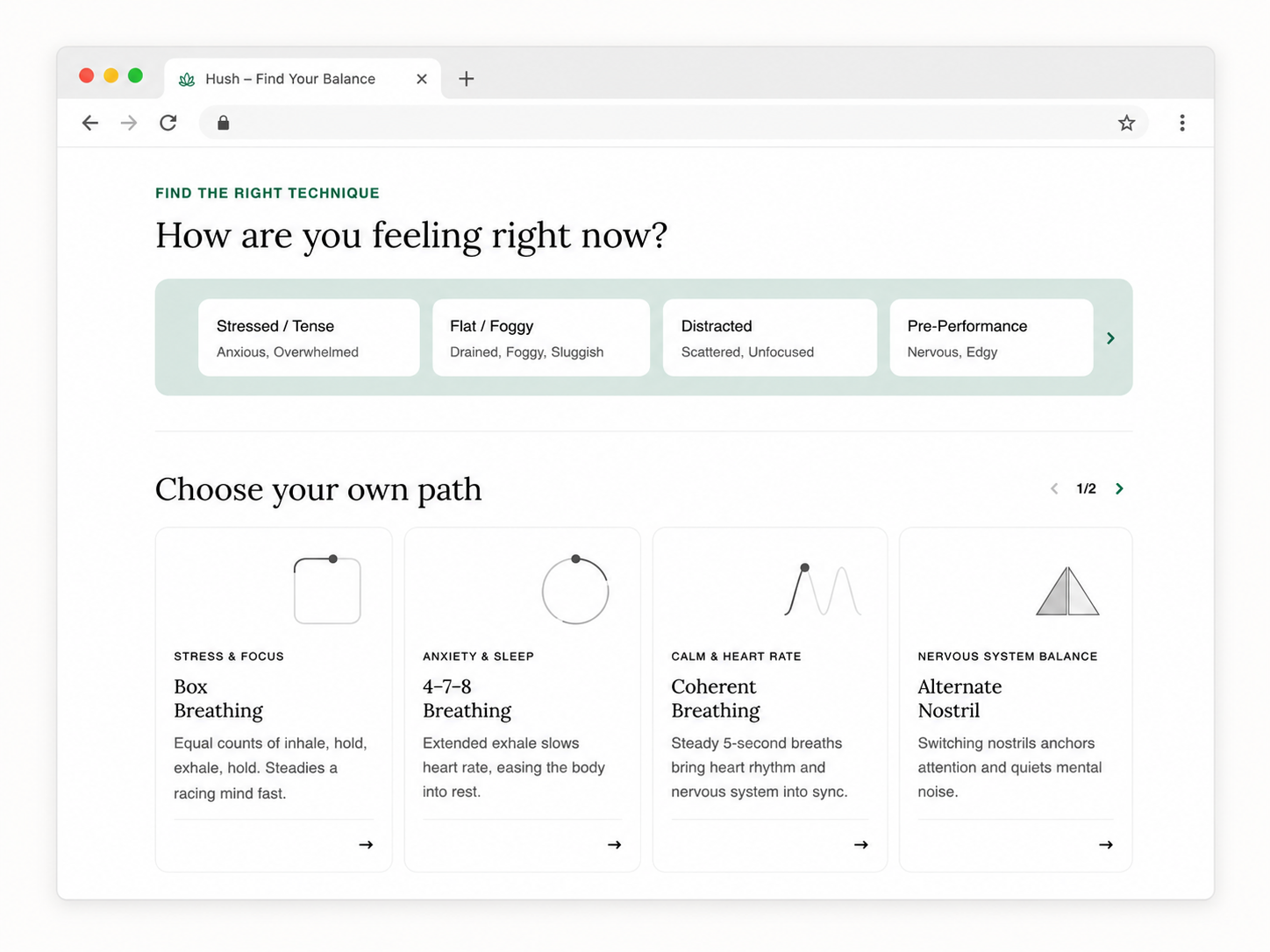 Hush home page breathing exercise selection