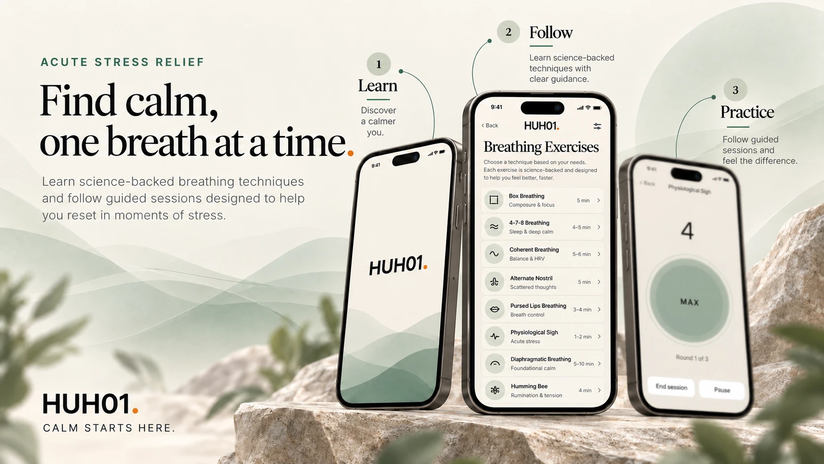 Hush: Learn, Follow, Practice breathing techniques