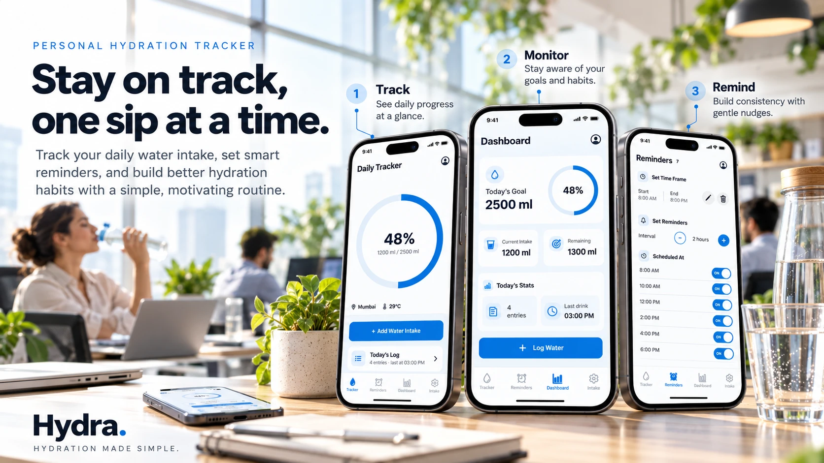 Hydra: Track, Monitor, Remind hydration app screens
